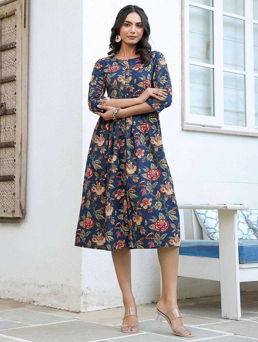 women navy blue floral printed a-line dress