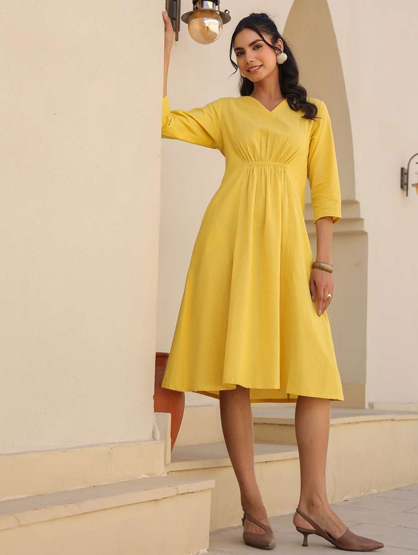 women yellow solid v neck a-line dress - 21906121 -  Standard Image - 3