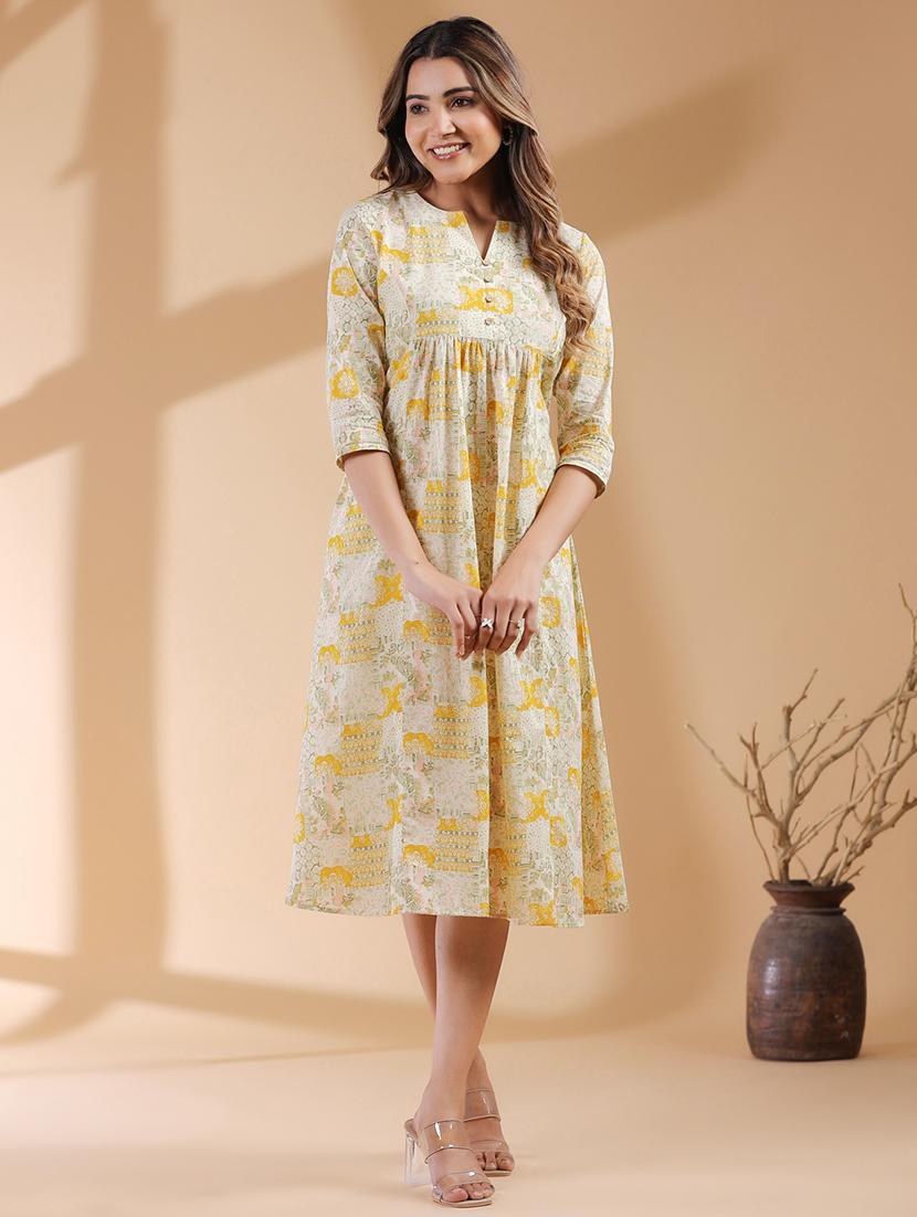 women mustard printed a-line ethnic dress - 21906123 -  Zoom Image - 0