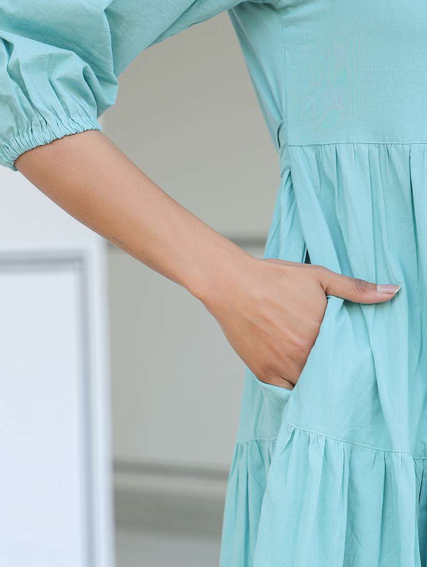 women light blue solid round neck tiered dress  - 21906127 -  Standard Image - 5