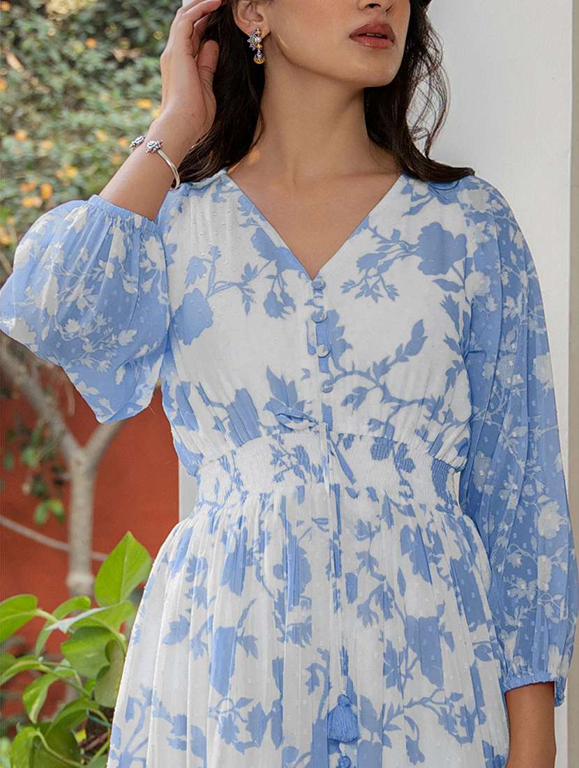 women light blue floral printed v neck tiered dress - 21906130 -  Standard Image - 3