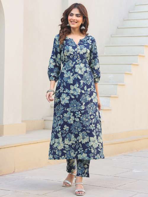 women blue floral printed kurta pant set - 21906167 -  Standard Image - 0