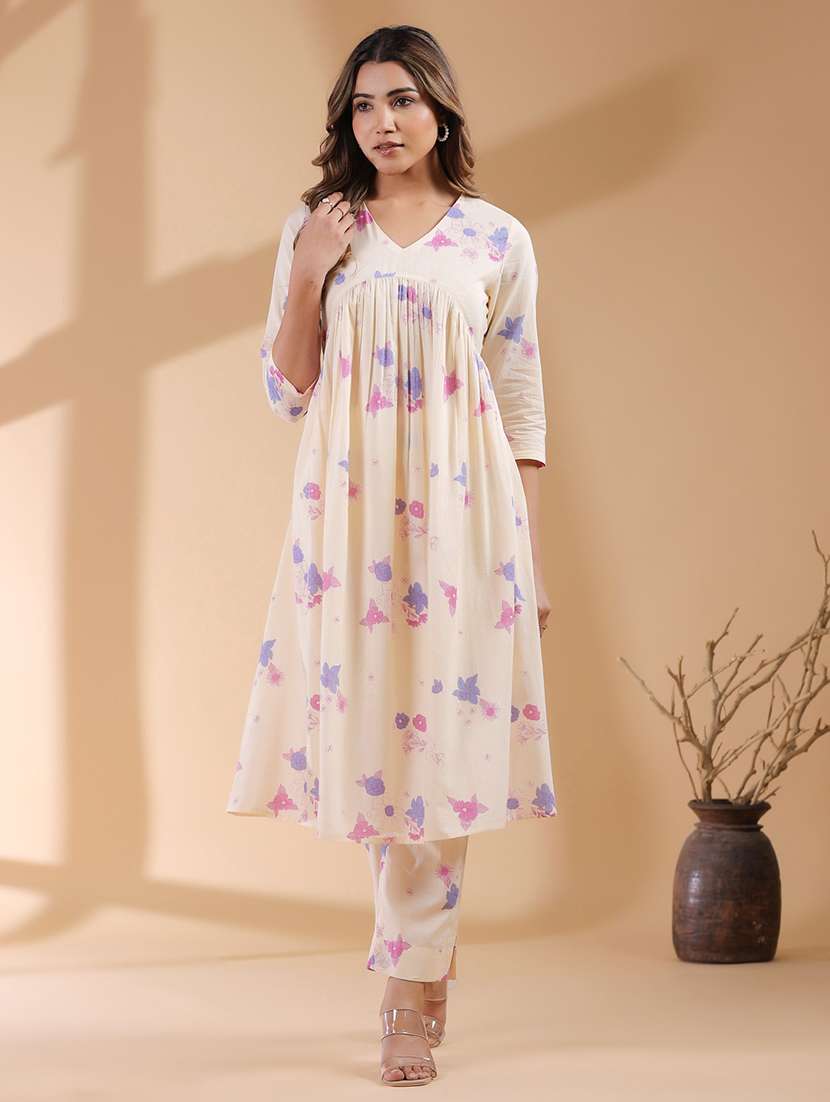 women cream three quarter sleeve kurta pant set - 21906168 -  Zoom Image - 0