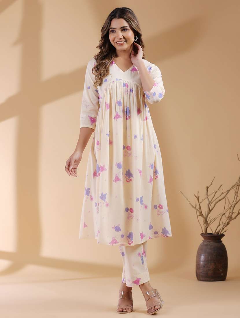 women cream three quarter sleeve kurta pant set - 21906168 - Standard Image - 3