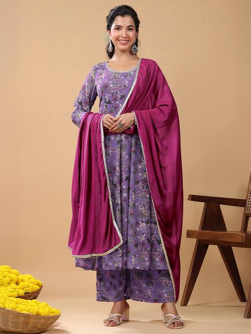 women lavender floral printed kurta palazzo set - 21906171 - Standard Image - 0
