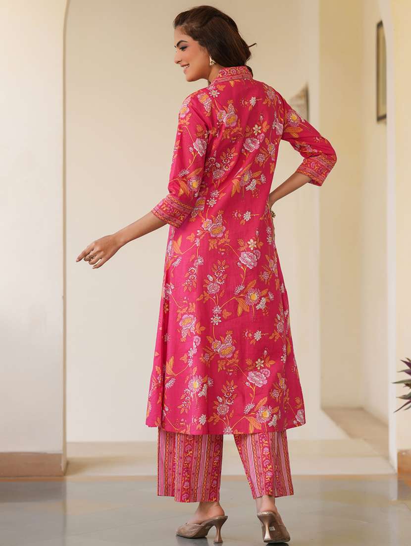 women pink three quarter sleeve kurta pant set - 21906178 -  Standard Image - 3