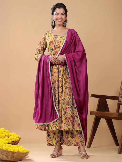 woomen mustard floral printed kurta palazzo set set - 21906185 - Standard Image - 0