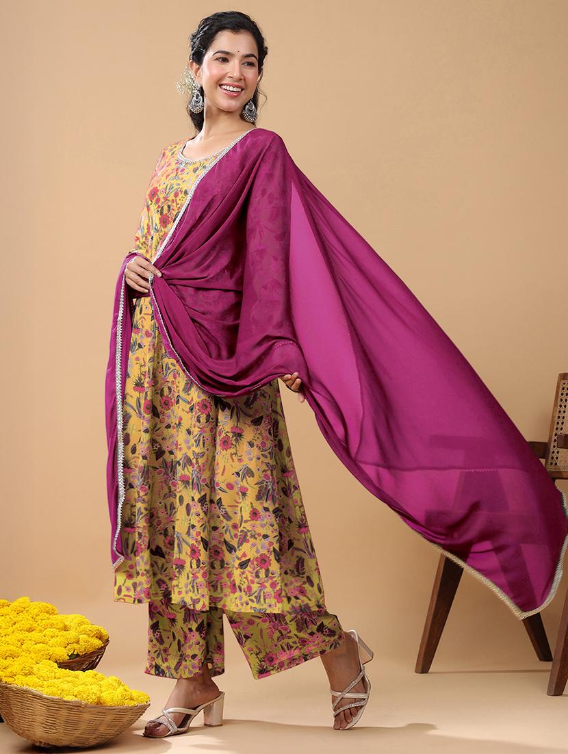 woomen mustard floral printed kurta palazzo set set - 21906185 - Standard Image - 3