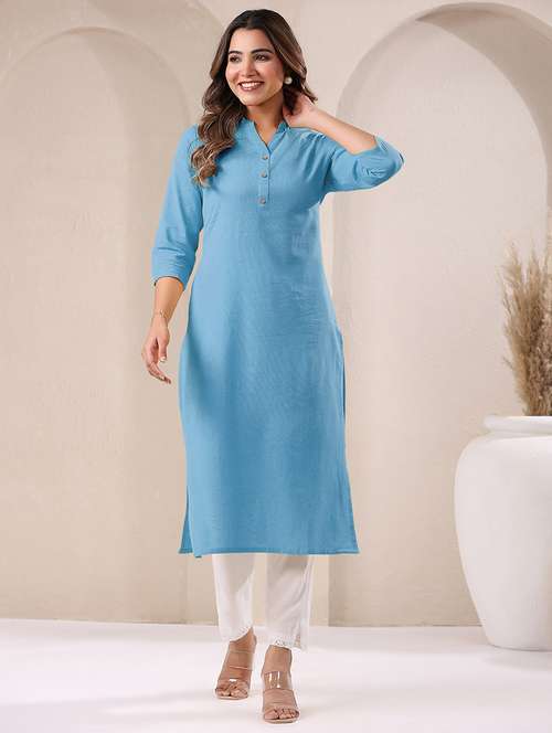 women solid three quarter sleeve straight kurta - 21906202 -  Standard Image - 0