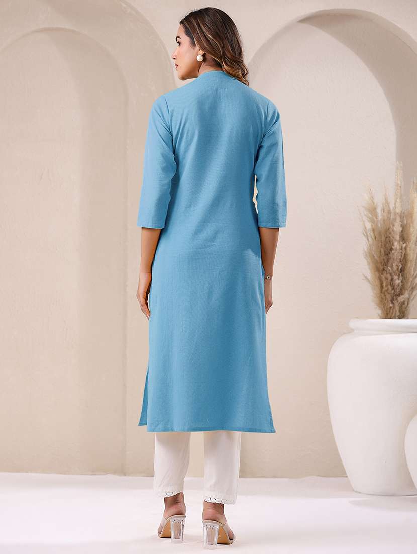 women solid three quarter sleeve straight kurta - 21906202 -  Standard Image - 3