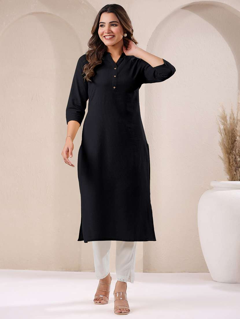 women solid three quarter sleeve straight kurta - 21906204 - Zoom Image - 0