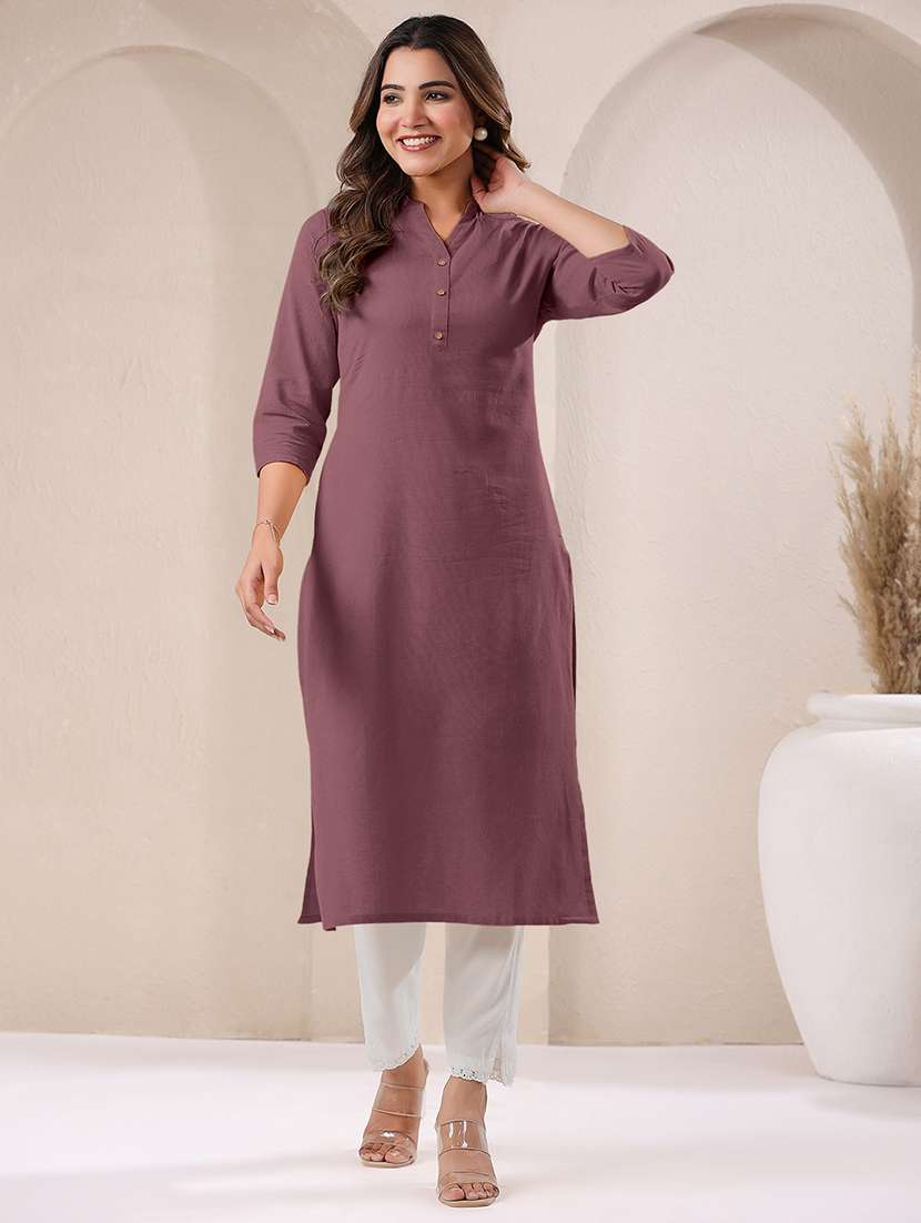 women solid three quarter sleeve straight kurta