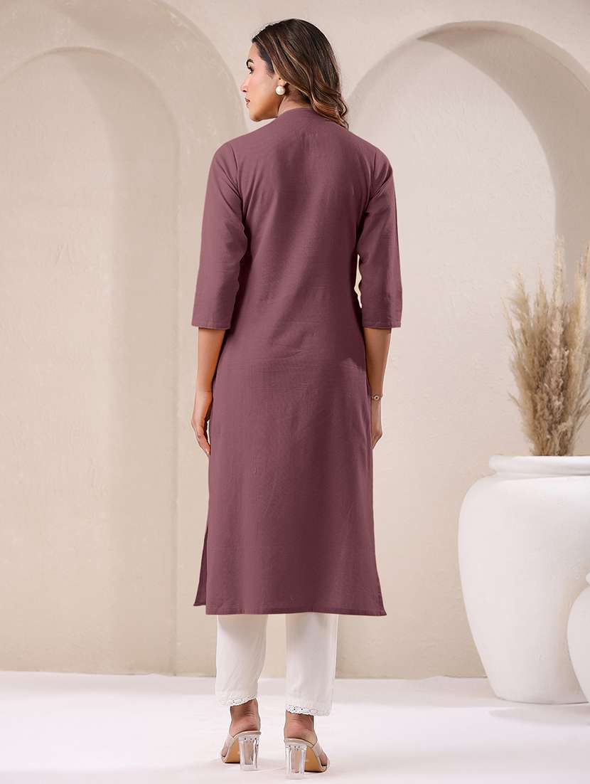 women solid three quarter sleeve straight kurta - 21906206 -  Standard Image - 3