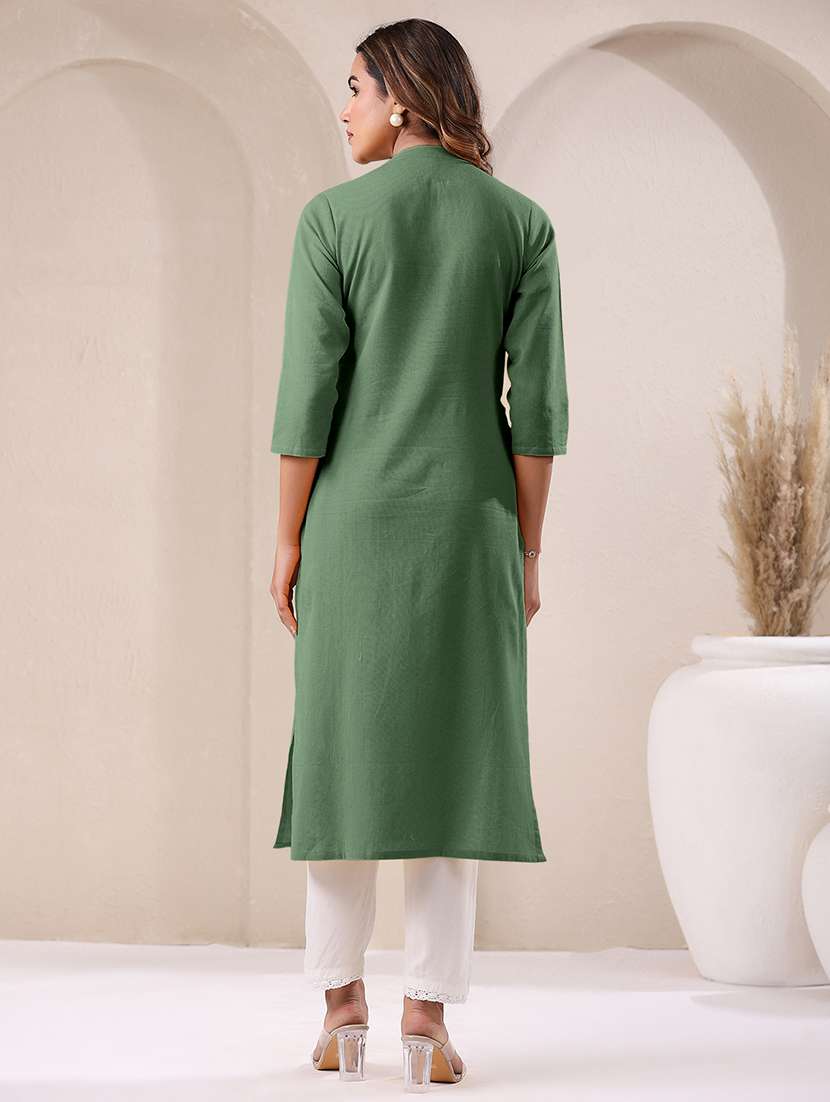 women solid three quarter sleeve straight kurta - 21906210 -  Standard Image - 3