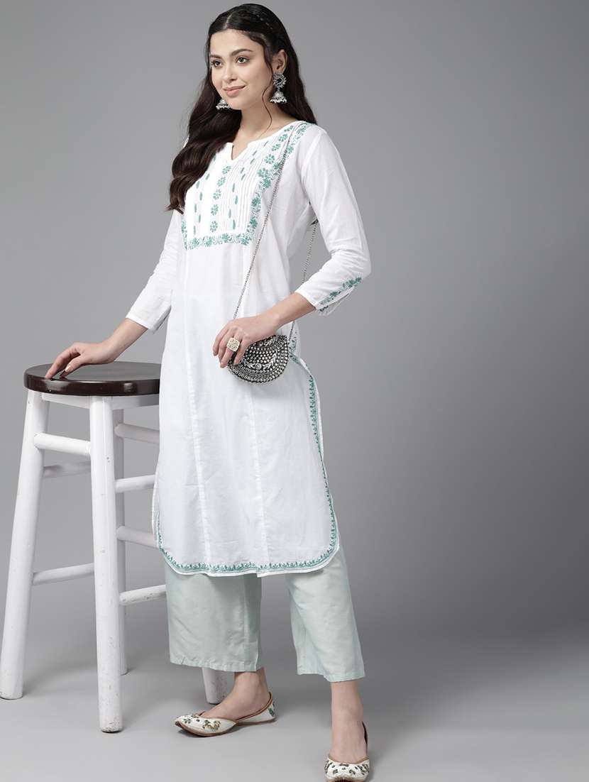 women three quarter sleeve chikankari straight kurta