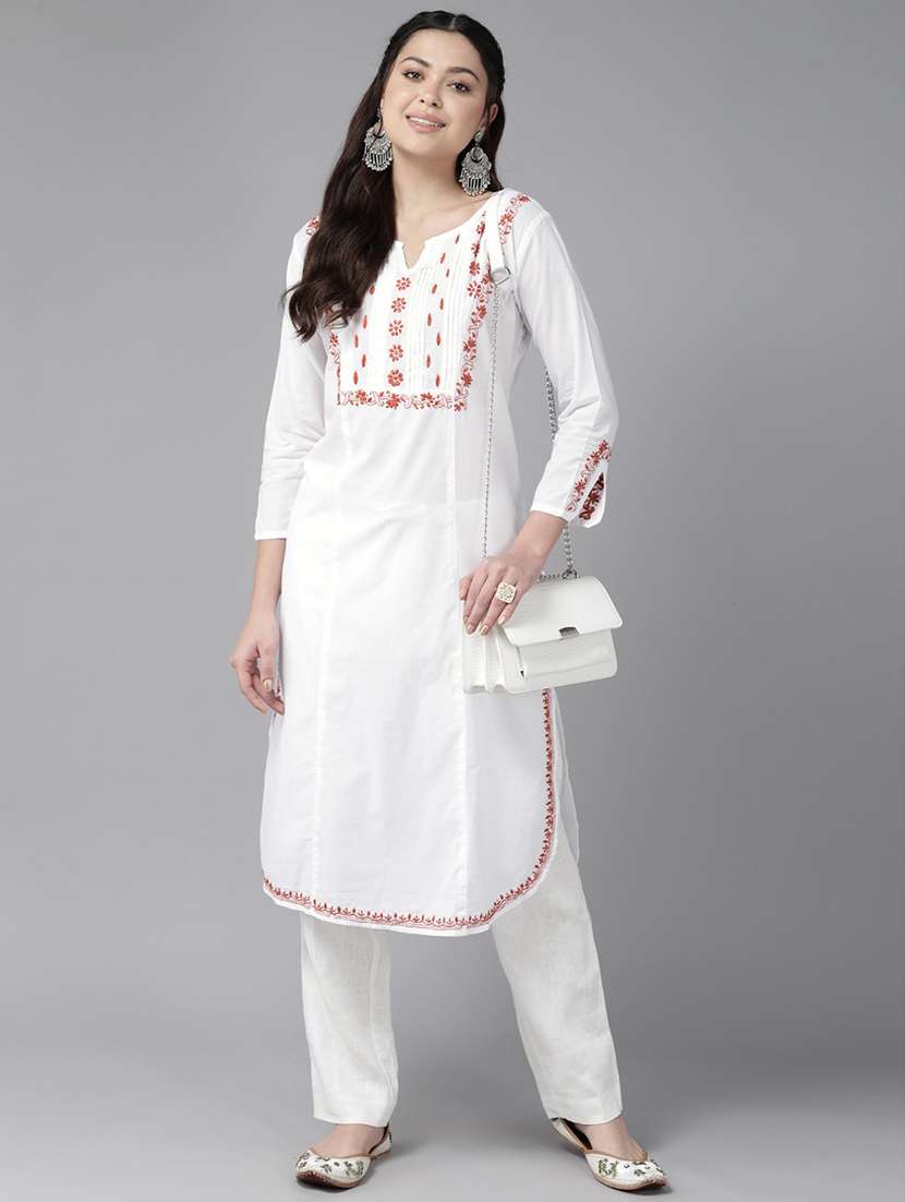 women three quarter sleeve chikankari straight kurta