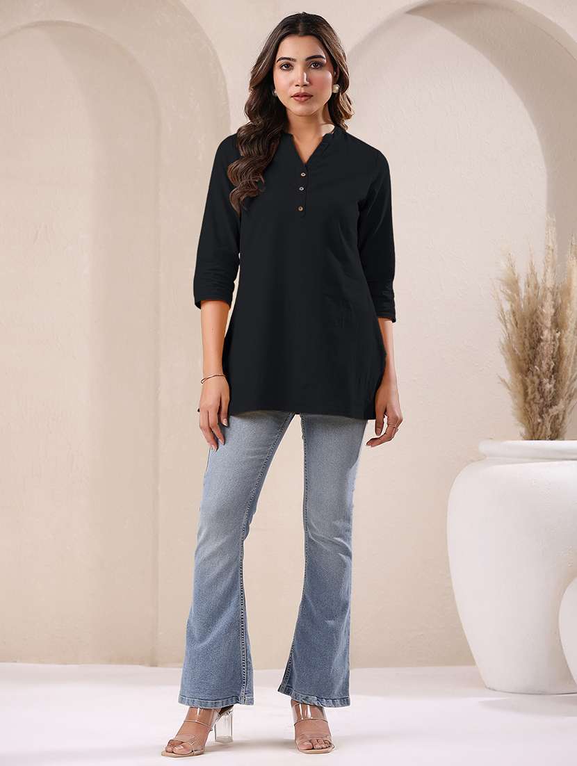 women solid three quarter sleeve a line kurti - 21906301 - Standard Image - 3