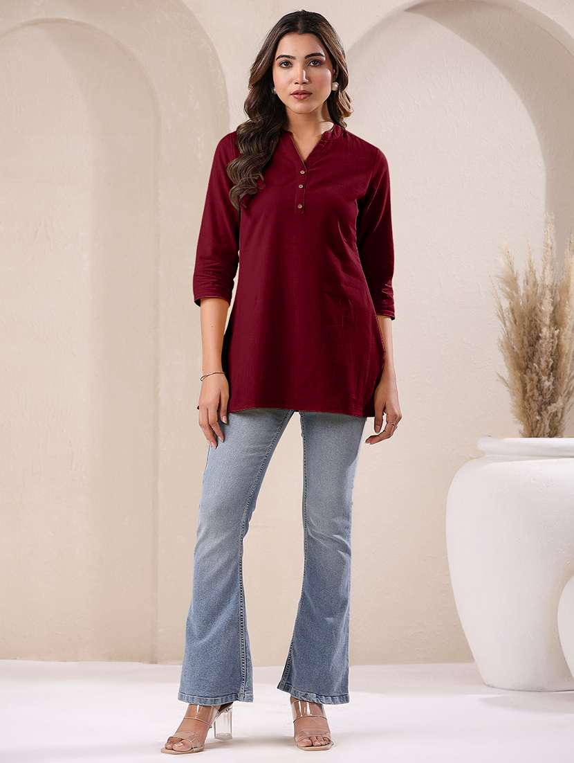 women solid three quarter sleeve a line kurti - 21906303 -  Standard Image - 3