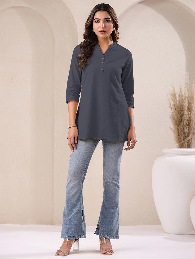 women solid three quarter sleeve a line kurti - 21906305 - Standard Image - 3