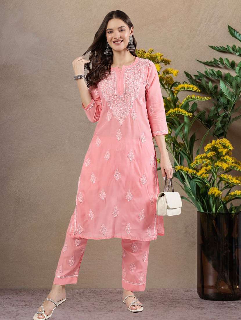 women three quarter sleeve chikankari kurta pant set