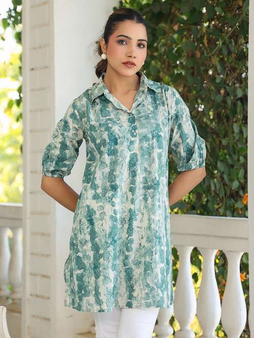 Women Green Tie & Dye Puff Sleeve Tunic 