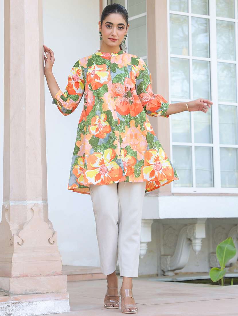 women floral printed three quarter sleeve a-line tunic