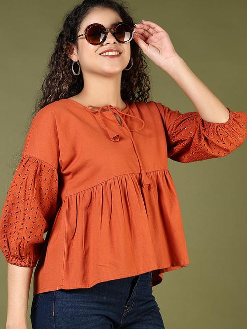 women solid puff sleeve tie-up neck flared top - 21906646 -  Standard Image - 0