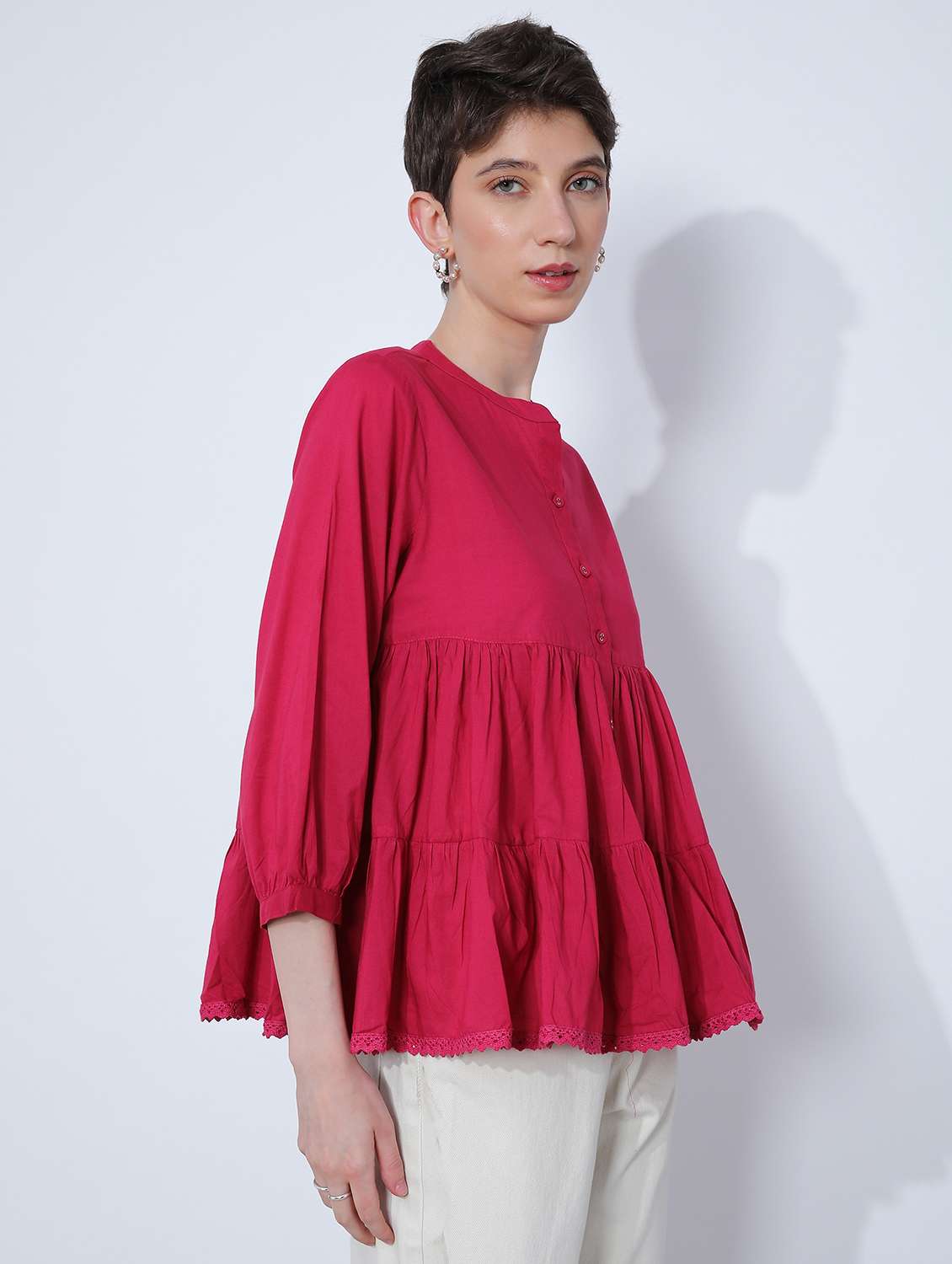 women solid three quarter sleeve tiered top - 21906652 -  Standard Image - 3