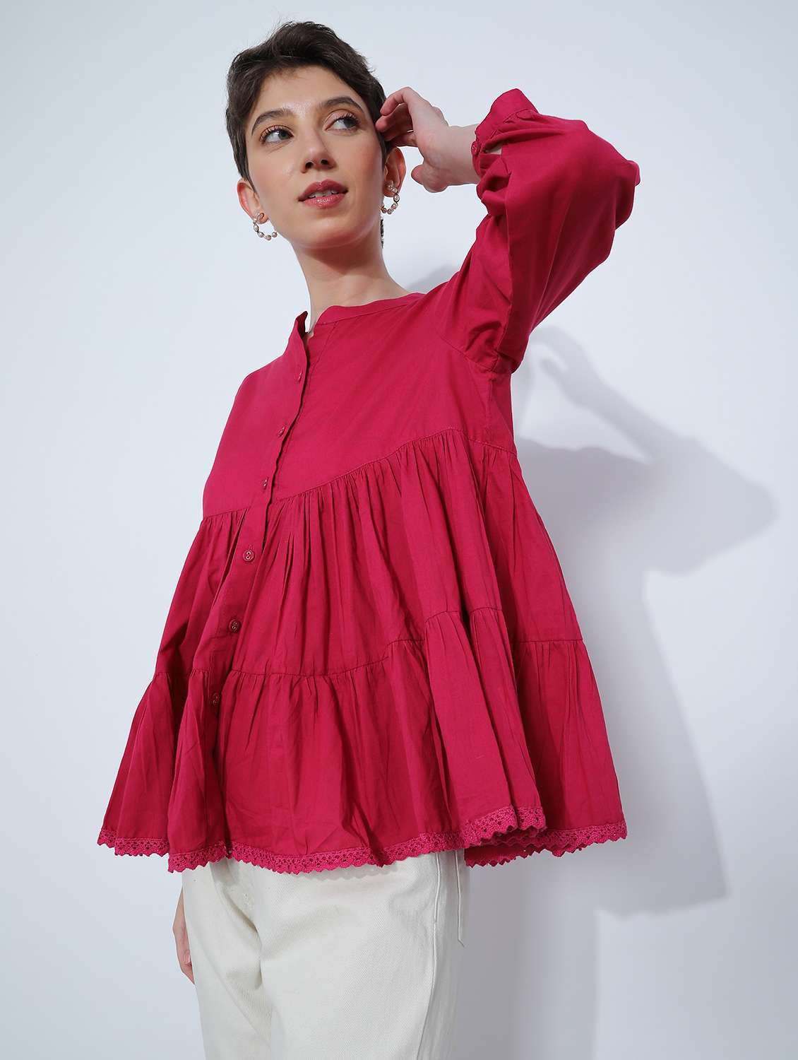 women solid three quarter sleeve tiered top - 21906652 -  Standard Image - 5