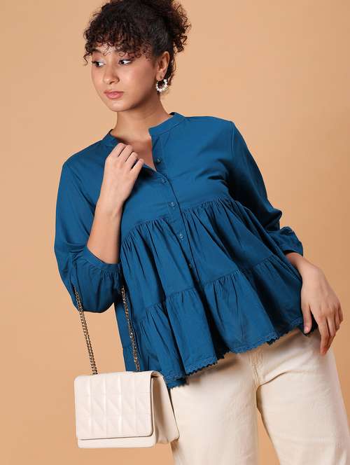 women solid three quarter sleeve tiered top - 21906653 -  Standard Image - 0