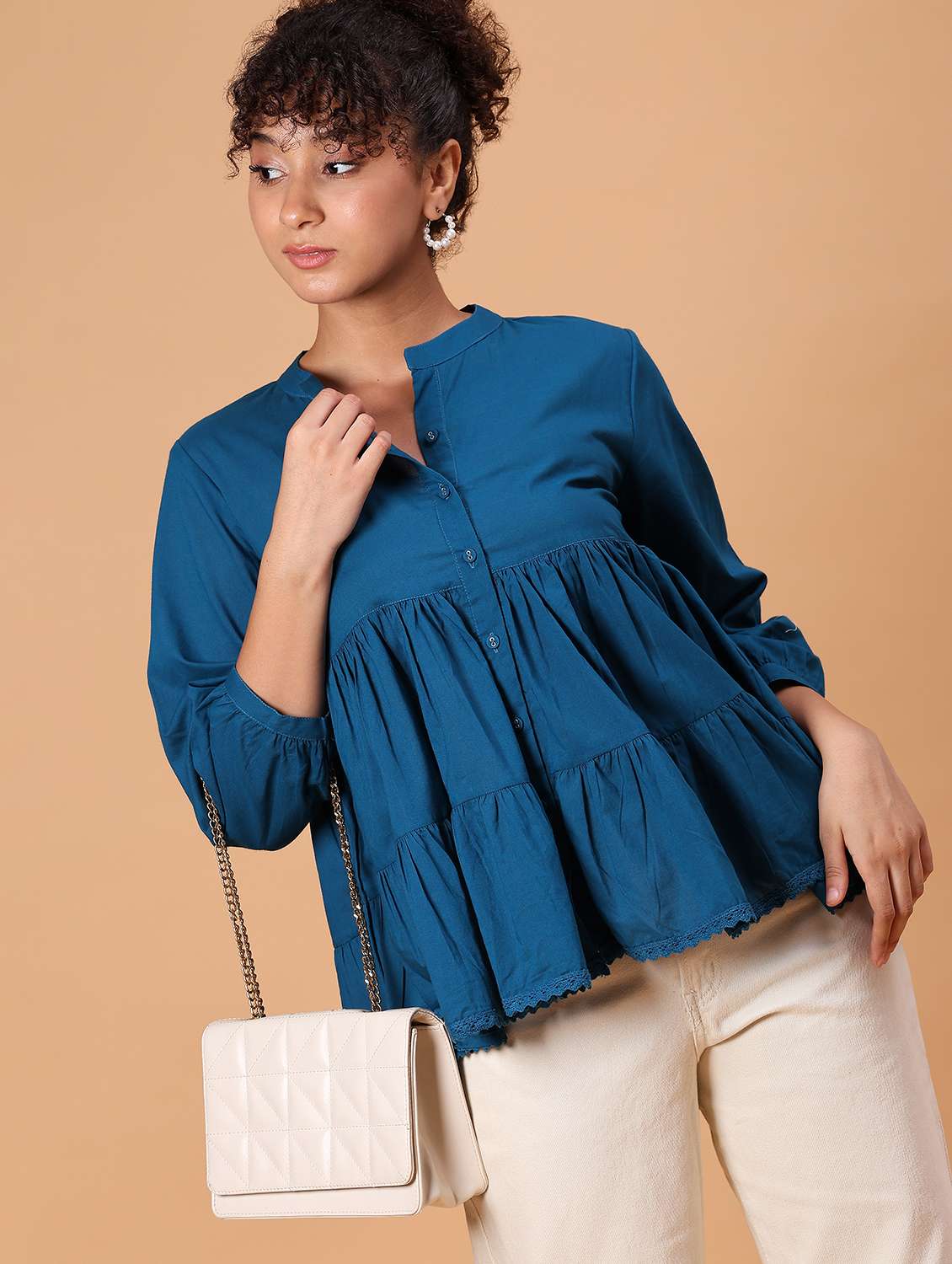 women solid three quarter sleeve tiered top