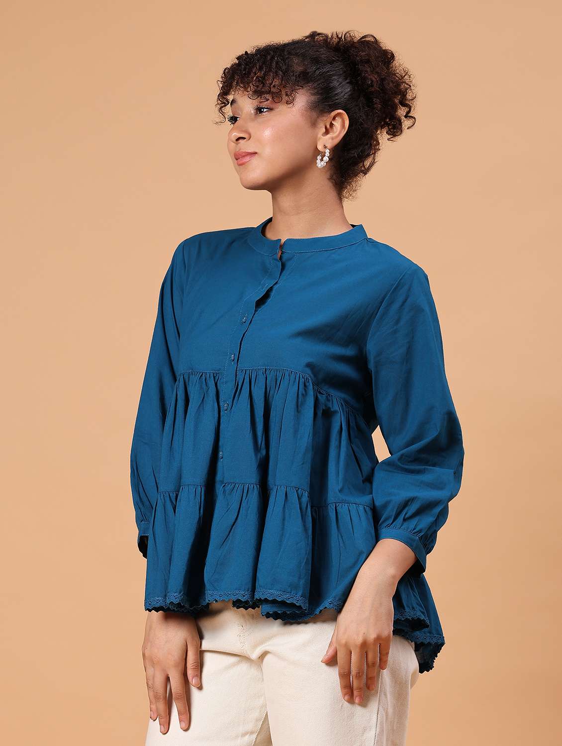 women solid three quarter sleeve tiered top - 21906653 -  Standard Image - 3