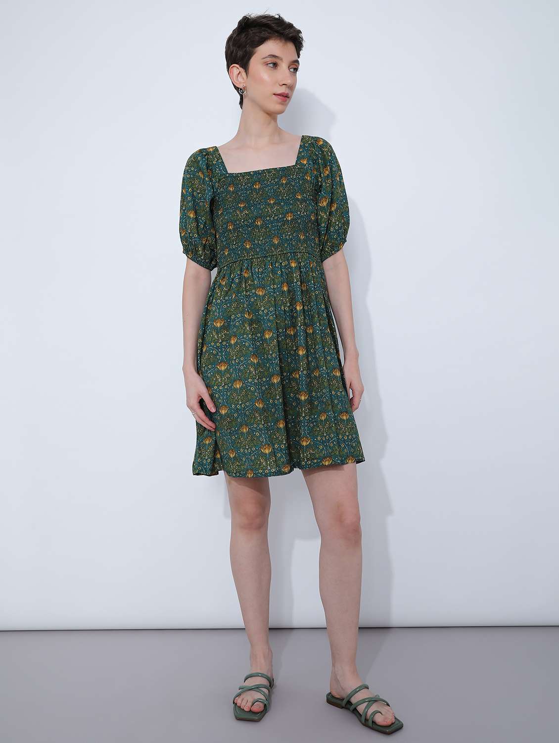 women floral puff sleeve fit & flare dress - 21906659 -  Standard Image - 3