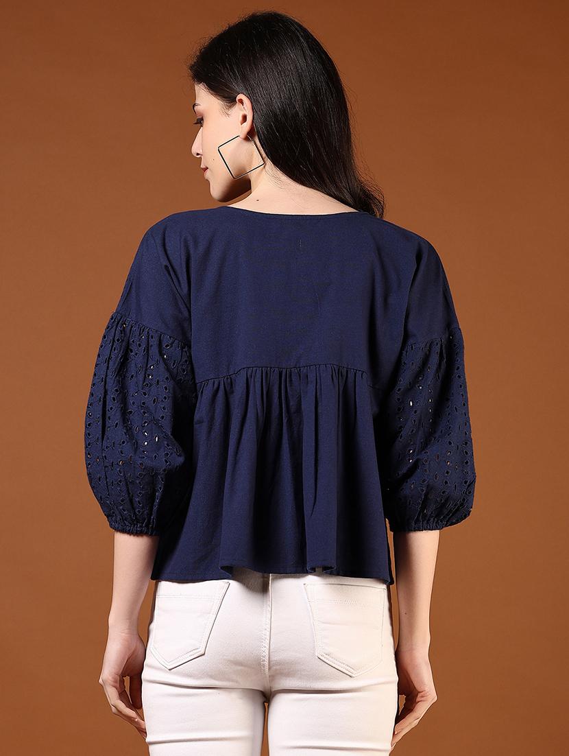 women solid puff sleeve tie-up neck flared top - 21906669 - Standard Image - 3