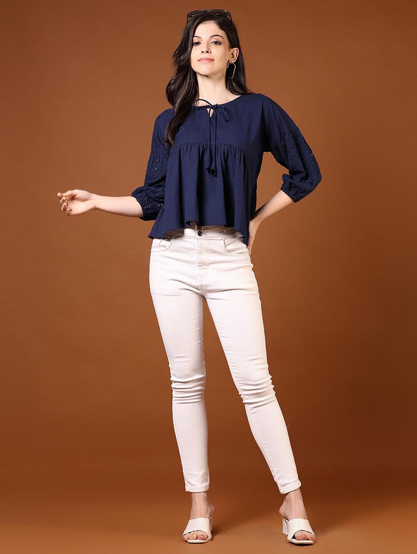 women solid puff sleeve tie-up neck flared top - 21906669 - Standard Image - 5