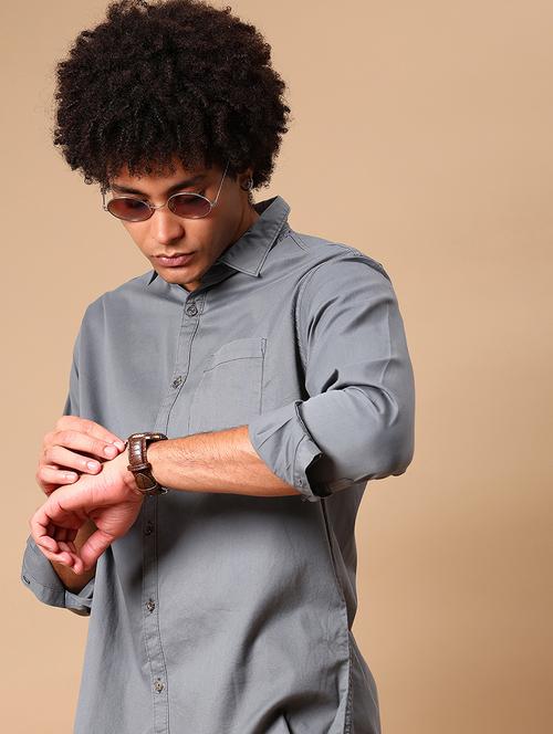 men solid collared long sleeve loose fit shirt - 21906808 - Standard Image - 0