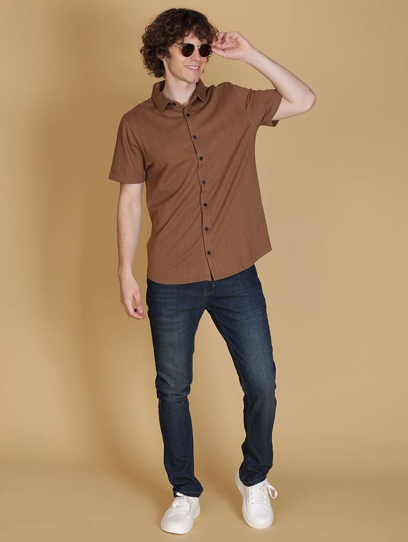 brown textured short sleeves collared casual shirt - 21906860 -  Standard Image - 3