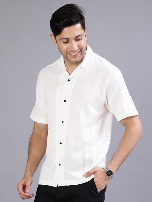 white textured fabric cuban collar shirt - 21906863 - Standard Image - 0