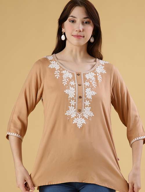 women embroidered three quarter sleeve kurti - 21907091 -  Standard Image - 0