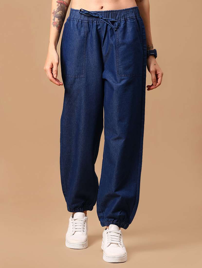 women blue solid relaxed fit jogger