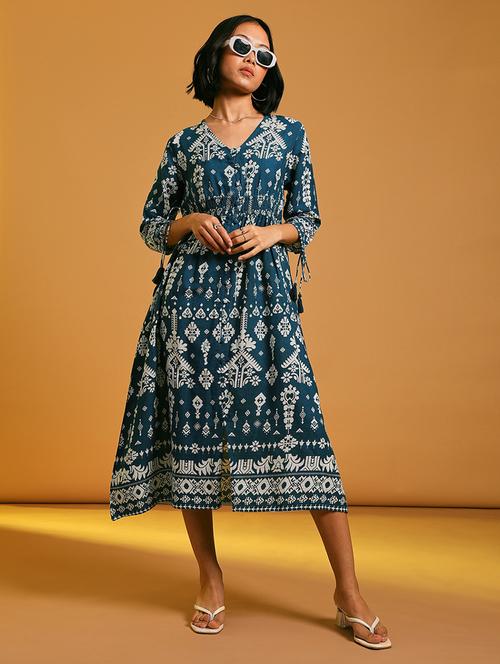 women printed three quarter sleeve a-line dress - 21907512 - Standard Image - 0