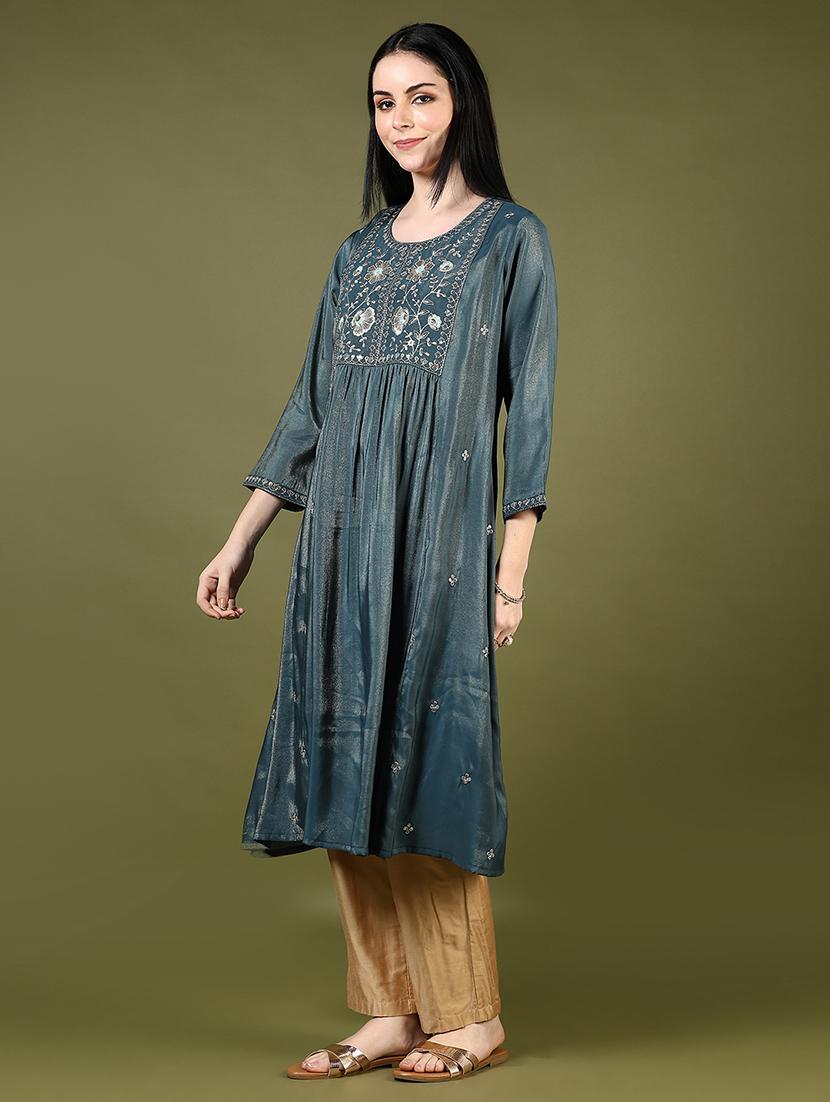 women embroidered round neck flared kurta - 21907583 - Standard Image - 3