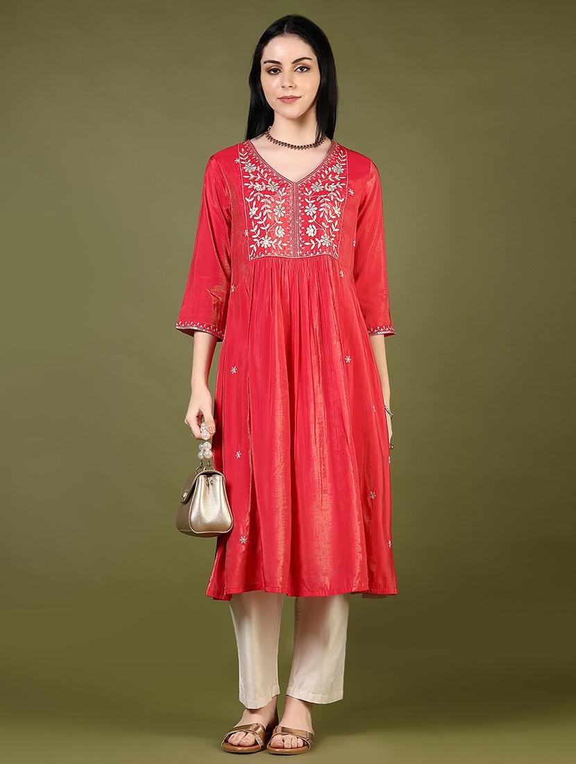 women embroidered v neck flared kurta - 21907584 - Standard Image - 5