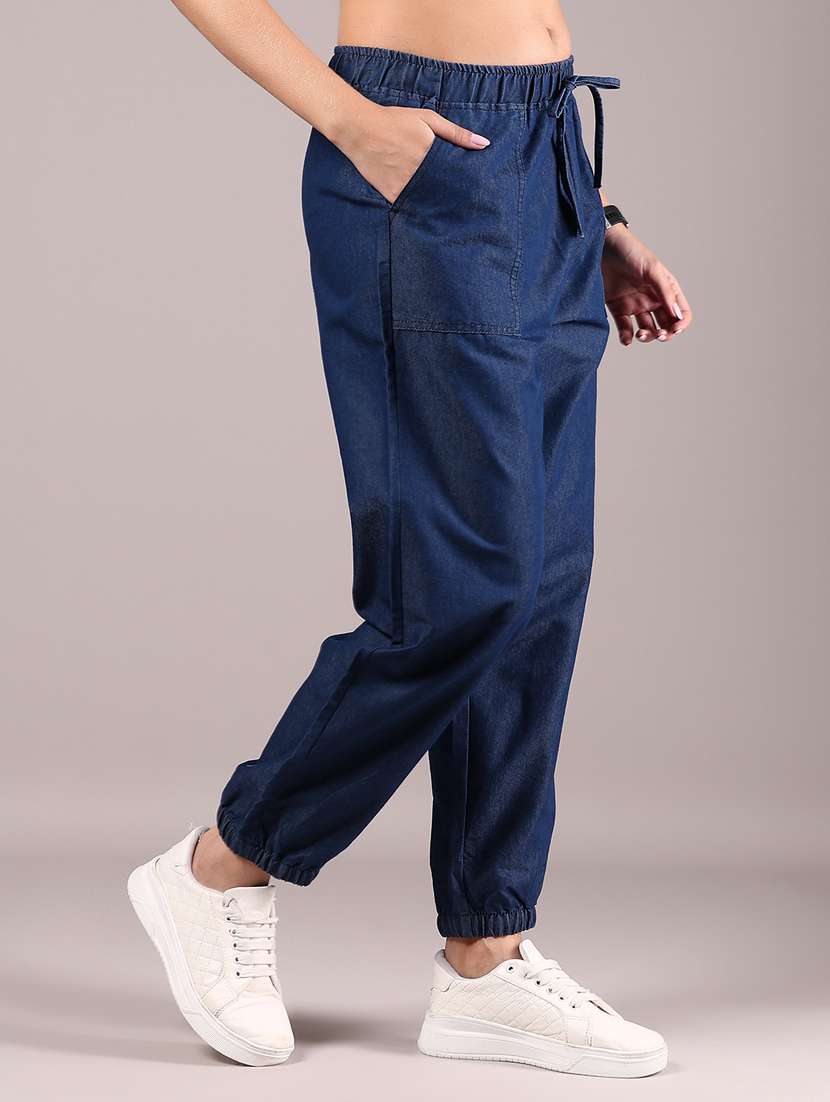 women blue solid mid rise jogger - 21907614 - Standard Image - 3
