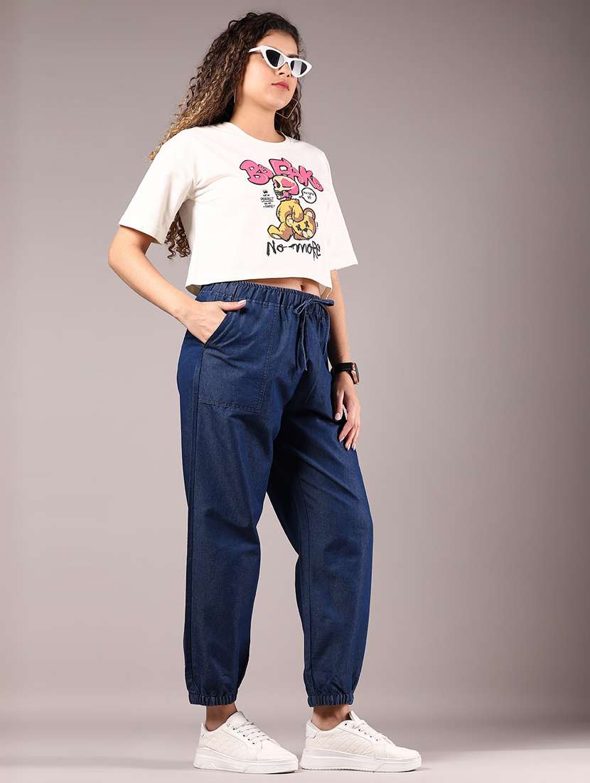 women blue solid mid rise jogger - 21907614 - Standard Image - 5