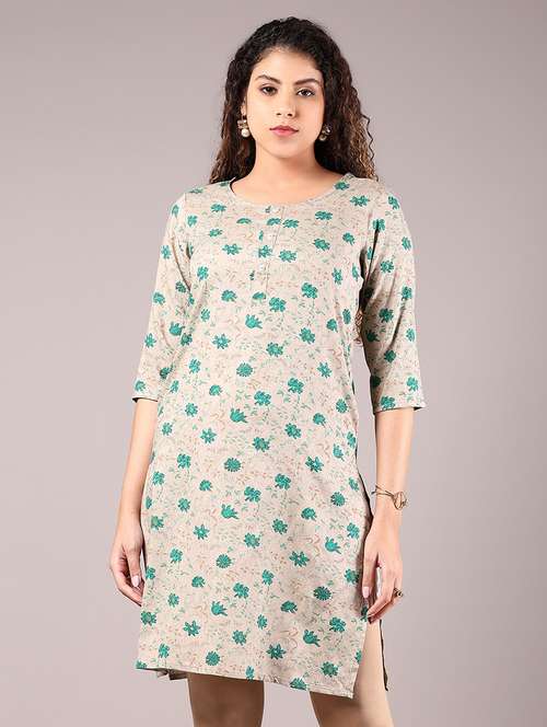 women floral printed three quarter sleeve straight kurta - 21907621 -  Standard Image - 0