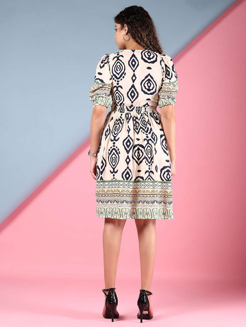 women printed puff sleeve fit & flare dress - 21907682 -  Standard Image - 3