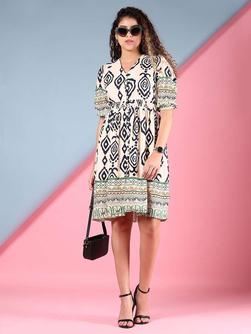 women printed puff sleeve fit & flare dress - 21907682 -  Standard Image - 5