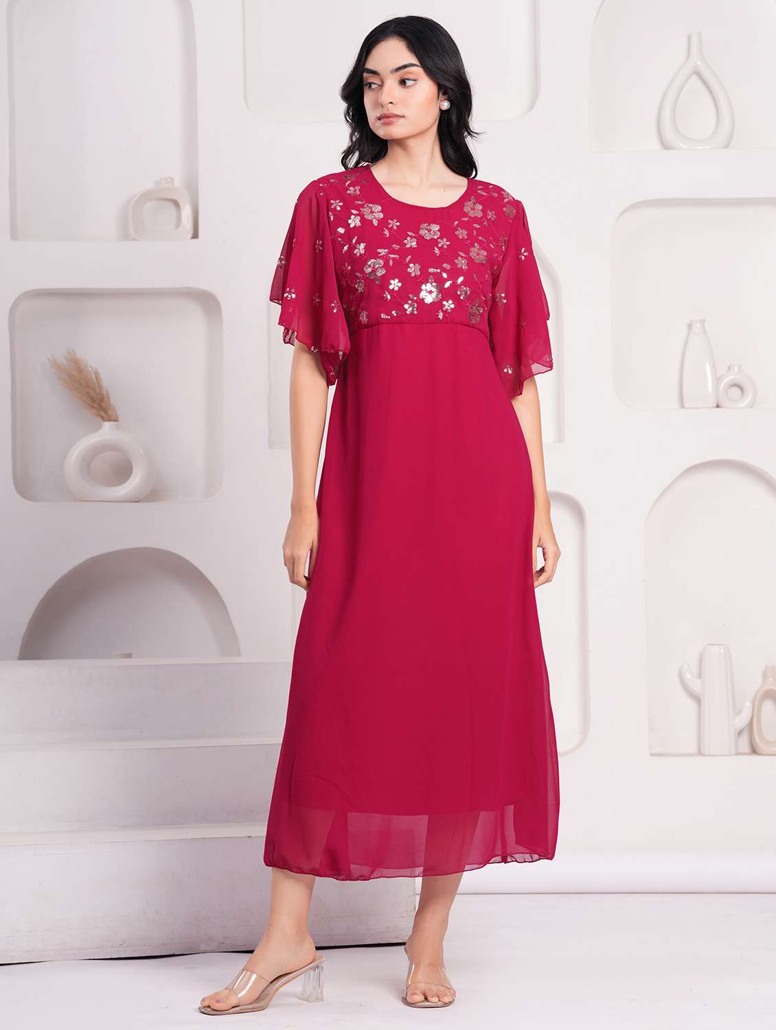 women embellished flared sleeve a-line ethnic dress