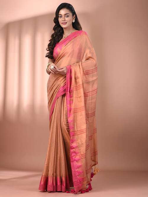 women solid with bordered handloom saree with blouse - 21908419 - Standard Image - 0